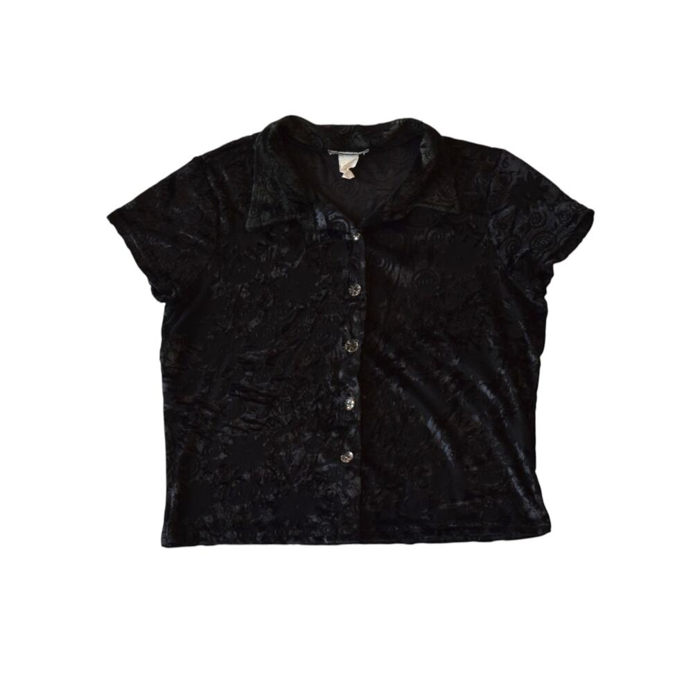 Vintage 90s Black Velvet Semi Sheer Cropped Shirt Size Small